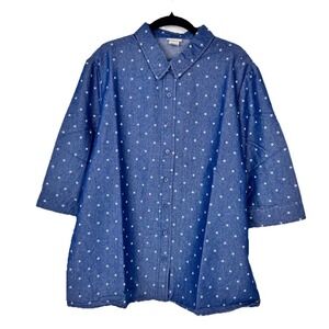 American Sweetheart Button Top Women L Blue Polka Dot 3/4 Sleeve Chambray Style